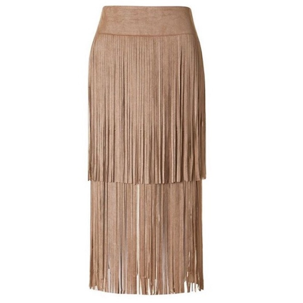 Cowgirl Nashville Bachelorette taupe nude fringe suede skirt NWT tassels